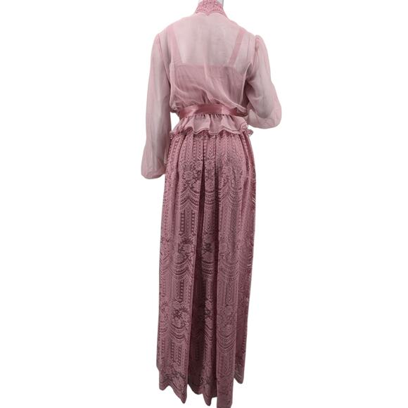Vintage 1970's Mauve Pink PROM Maxi DRESS & JACKET Sheer Sleeves & Lace Overlay - Picture 10 of 14